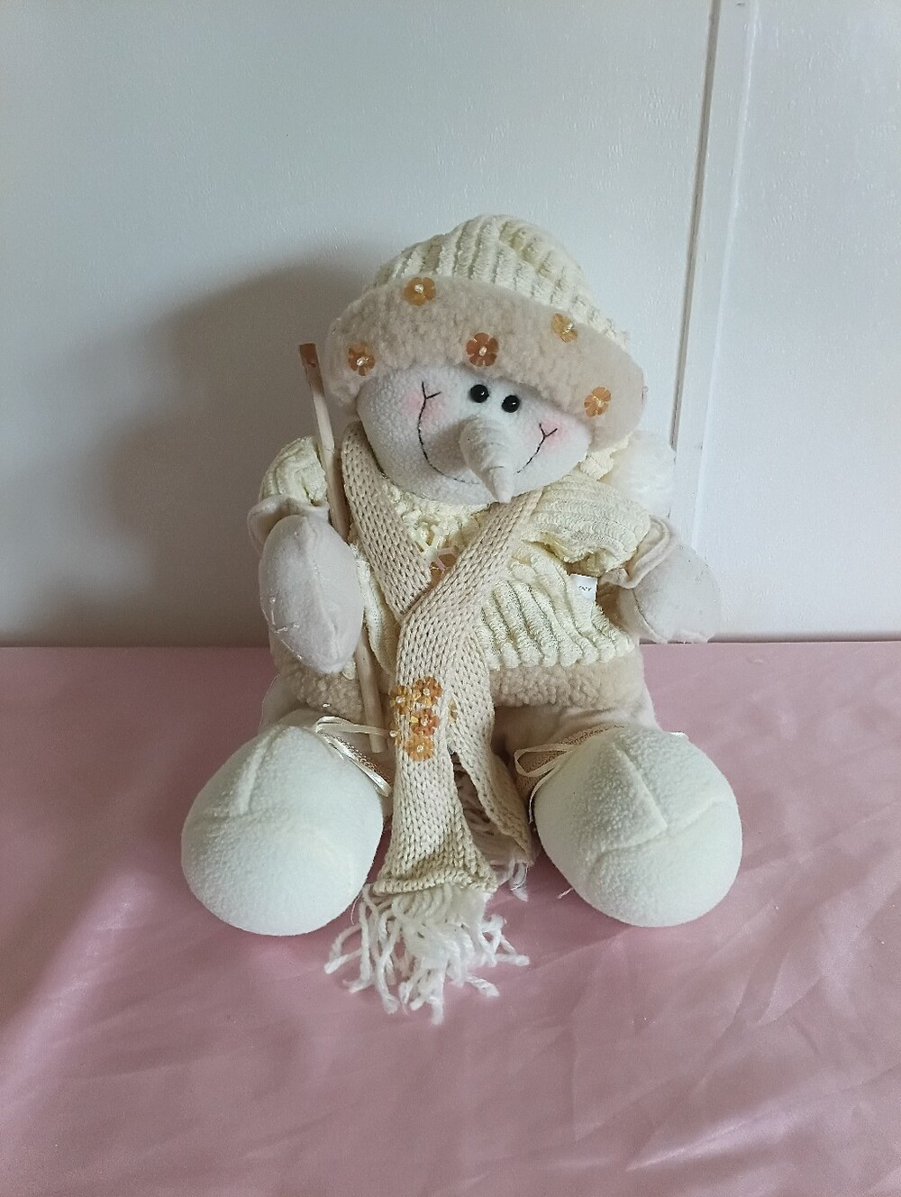 Cream & Ivory Snowman Plush Winter Decor With Stick – 16” Tall Stuffed Snowman
